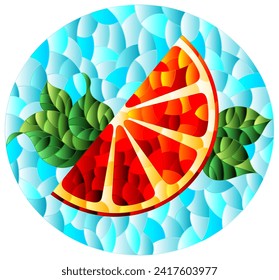 An illustration in the style of a stained glass window with a slice of orange, cherries and leaves on a blue background, round image