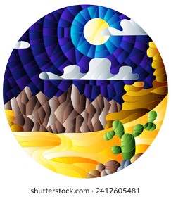 Illustration in the style of a stained glass window with a desert night landscape, oval image