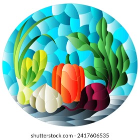 An illustration in the style of a stained glass window with a composition of ripe fresh vegetables on a table on a blue background, oval image