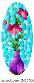 Illustration in the style of a stained glass window with a floral still life, a vase with pink  flowers  on a blue background, oval image 