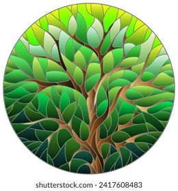 An illustration in the style of a stained glass window with an abstract tree on the green background, round image