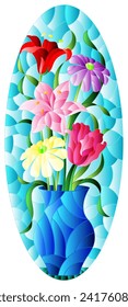 Illustration in the style of a stained glass window with a floral still life, flowers and fruits on a blue background