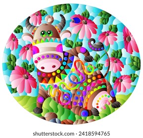 An illustration in the style of a stained glass window with a cute cartoon cow on the background of a meadow, chamomile flowers and a blue sky