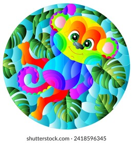 An illustration in the style of a stained glass window with a cute cartoon monkey on the branches of trees,oval image