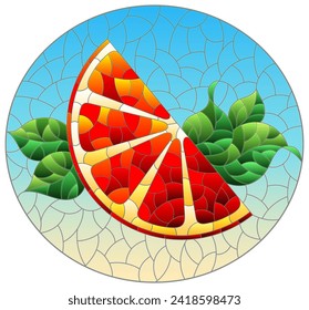 An illustration in the style of a stained glass window with a slice of orange, cherries and leaves on a blue background, round image