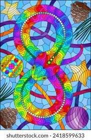 An illustration in the style of a stained glass window with a snake hand on the background of Christmas toys