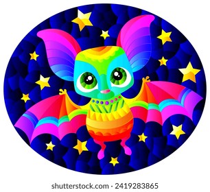 Illustration in the style of a stained glass window with a cute cartoon rainbow bat, an animal on the background of a starry night sky, oval image