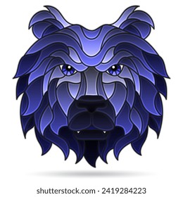 Illustration in the style of a stained glass window with a portrait of a bear, muzzle isolated on a white background, tone blue