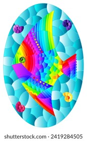 Illustration in the style of a stained glass window with a bright rainbow fish scalar on a background of blue water, oval image