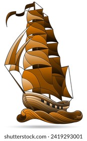 Illustration in the style of a stained glass window with a sailing ship, isolated on a white background, tone brown