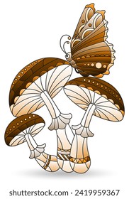 Illustration in the style of a stained glass window with a composition of mushrooms and a butterfly, plants isolated on a white background, tone brown