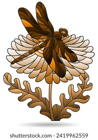 An illustration in the style of a stained glass window with a dragonfly on a daisy, an animal isolated on a white background, tone brown