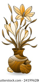 Illustration im Stil eines Buntglasfensters mit floralem Stillleben, einer Vase aus Blumen und Früchten einzeln auf weißem Hintergrund, farbenbraun