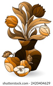 Illustration in the style of a stained glass window with a floral still life, a bouquet in a vase and fruit isolated on a white background, tone brown