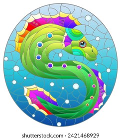 Illustration in the style of a stained glass window with a bright rainbow fish scalar on a background of blue water, oval image
