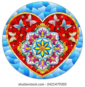 An illustration in the style of a stained glass window with an abstract heart with bright flowers and butterflies on a blue background