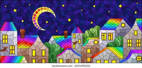 An illustration in the style of a stained glass window with an urban landscape against the background of the night starry sky and the moon