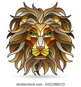 Illustration in the style of a stained glass window with a portrait of a lion, muzzle isolated on a white background