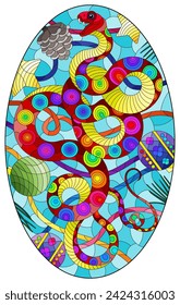 An illustration in the style of a stained glass window with a snake hand on the background of Christmas toys