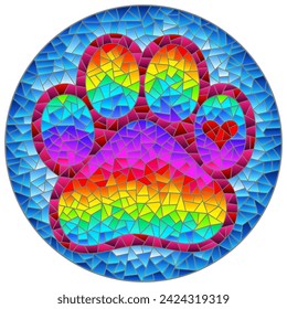 An illustration in the style of a stained glass window with a cat's paw on a blue background