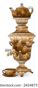 Illustration in the style of a stained glass window with a Russian traditional teapot, dishes isolated on a white background, tone brown