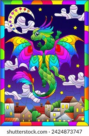 An illustration in the style of a stained glass window with a bright cute dragon on the background of the sky and the city in a frame