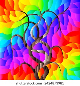 An illustration in the style of a stained glass window with an abstract tree on the bright background