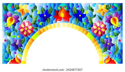 An illustration in the style of a stained glass window with an arch with flowers and swirls on a blue background