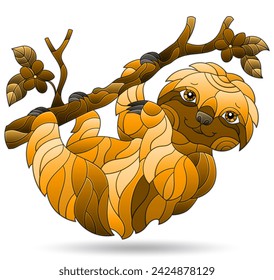 An illustration in the style of a stained glass window with  cartoon sloth, an animal isolated on a white background, tone brown