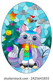 An illustration in the style of a stained glass window with a cartoon fox on the background of a winter landscape