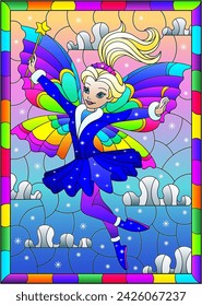 An illustration in the style of a stained glass window with a fairy on a sky background 