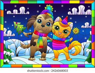 An illustration in the style of a stained glass window with a cartoon cat and dog on the background of a winter landscape