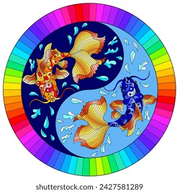 An illustration in the style of a stained glass window with koi carp on a background of water in the form of a yin yang sign