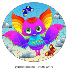 Illustration in the style of a stained glass window with a cute cartoon rainbow bat, an animal on the background of a cloudy sky, oval image