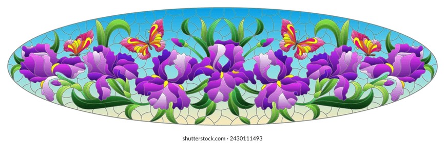 An illustration in the style of a stained glass window with a composition of iris flowers and butterflies on a blue background