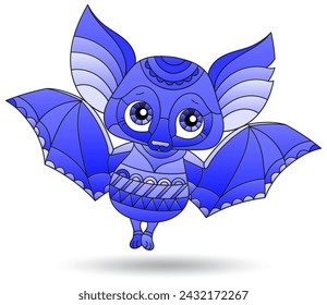 An illustration in the style of a stained glass window with a cartoon bat, the animal is isolated on a white background, tone blue