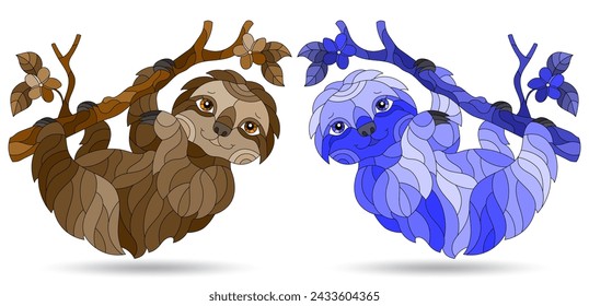 An illustration in the style of a stained glass window with abstract cartoon sloths, animals isolated on a white background, tone blue and brown