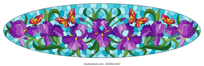 An illustration in the style of a stained glass window with a composition of iris flowers and butterflies on a blue background