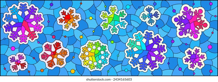 An illustration in the style of a stained glass window with bright snowflakes on a blue night sky background