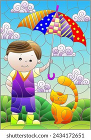 An illustration in the style of a stained glass window with a boy and cat against a cloudy sky