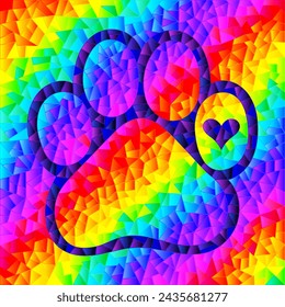 An illustration in the style of a stained glass window with a cat's paw on a bright rainbow background