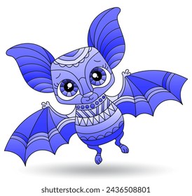 An illustration in the style of a stained glass window with a cartoon bat, the animal is isolated on a white background, tone blue