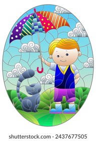An illustration in the style of a stained glass window with a boy and cat against a cloudy sky, oval image