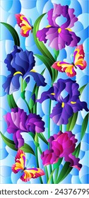 An illustration in the style of a stained glass window with a composition of iris flowers and butterflies on a blue background