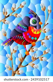 An illustration in the style of a stained glass window with a  cardinal bird on willow branches, against a blue sky