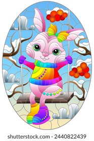 An illustration in the style of a stained glass window with a cartoon bunny on the background of a winter landscape