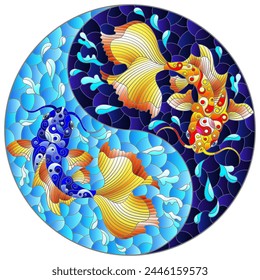 An illustration in the style of a stained glass window with koi carp on a background of water in the form of a yin yang sign