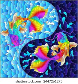 An illustration in the style of a stained glass window with koi carp on a background of water in the form of a yin yang sign