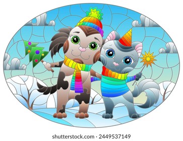 An illustration in the style of a stained glass window with a cartoon cat and dog on the background of a winter landscape