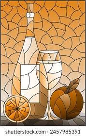 Illustration in the style of a stained glass window with a still life, a bottle of white wine, a glass and fruit, a rectangular image, tone brown